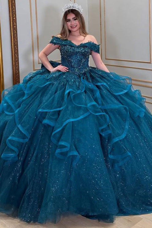 HE332-Glittery Tulle Princess Quinceanera Dresses Gorgeous Ball Gown Off Shoulder Sweet 16 Birthday Prom Party Dresses