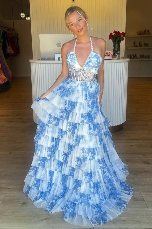 HE271-Vestido de fiesta de tul con estampado floral, escote en V, color azul cielo, talla grande, con volantes, para mujer
