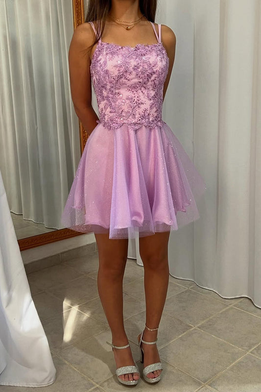 A Line Tulle Homecoming Dresses Lace Appliqued Party Gowns for Women HE418