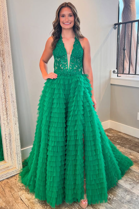 HE368-Women's V Neck A Line Long Prom Dresses Tulle Lace Ruffles Evening Gowns Plus Size Party Dresses