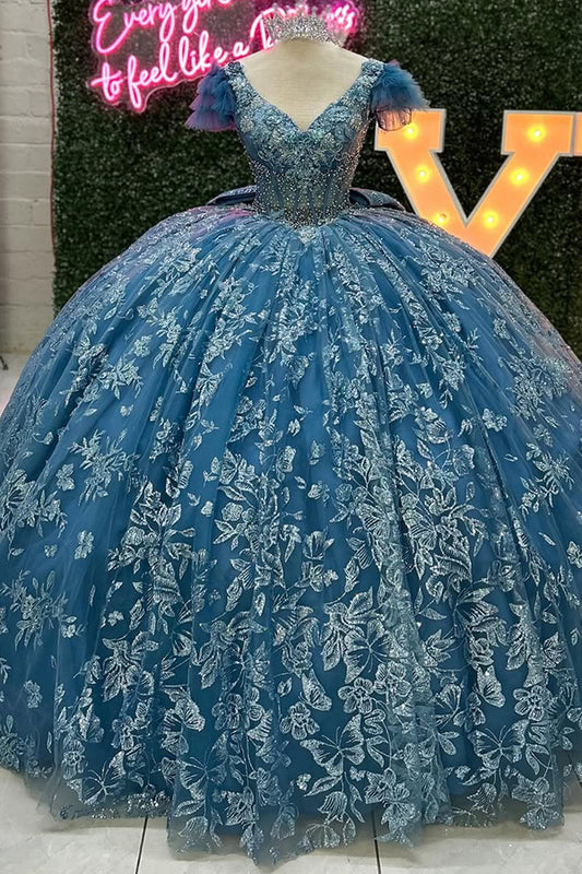 HE223-Hermosos vestidos de quinceañera con escote en V, vestido de baile de princesa, vestidos de cumpleaños, vestido de fiesta de tul con encaje y volantes para dulces 16
