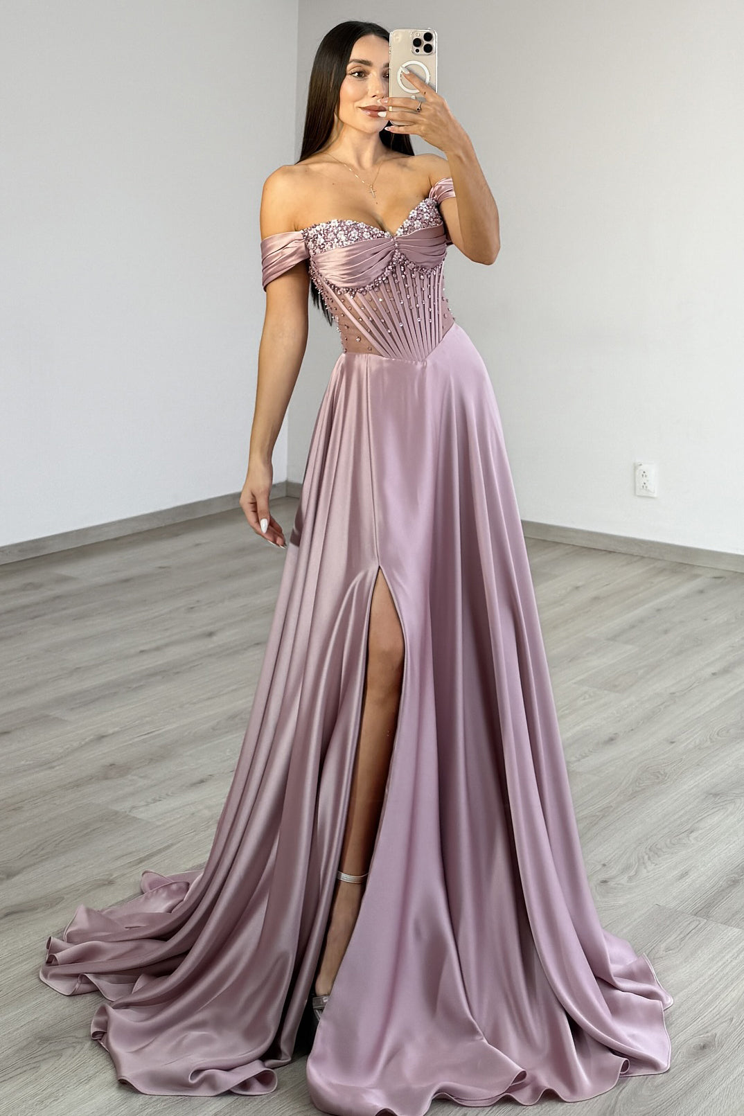 HE363-Women's A Line Satin Beaded Prom Dresses Long Straps Evening Gowns Sweetheart Party Maxi Dresses with Pockets
