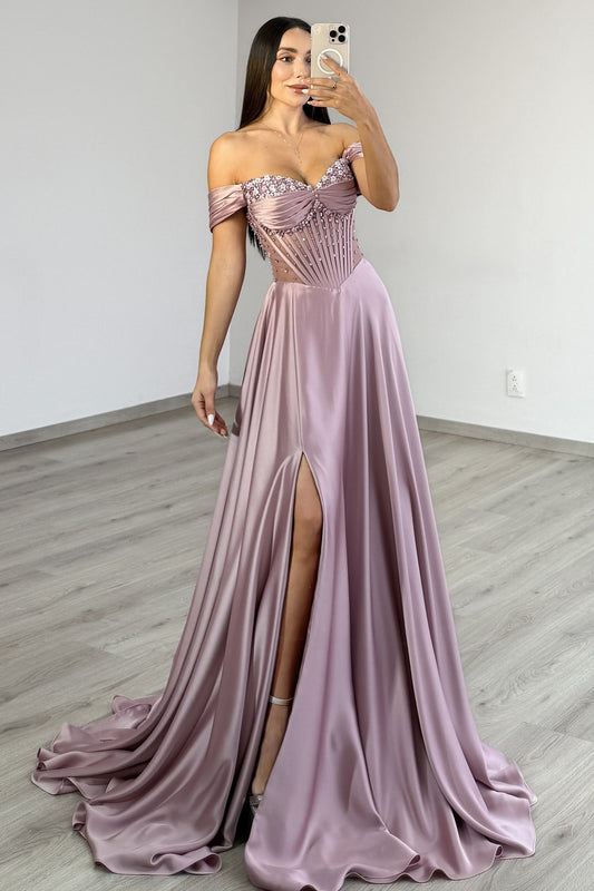 HE363-Women's A Line Satin Beaded Prom Dresses Long Straps Evening Gowns Sweetheart Party Maxi Dresses with Pockets