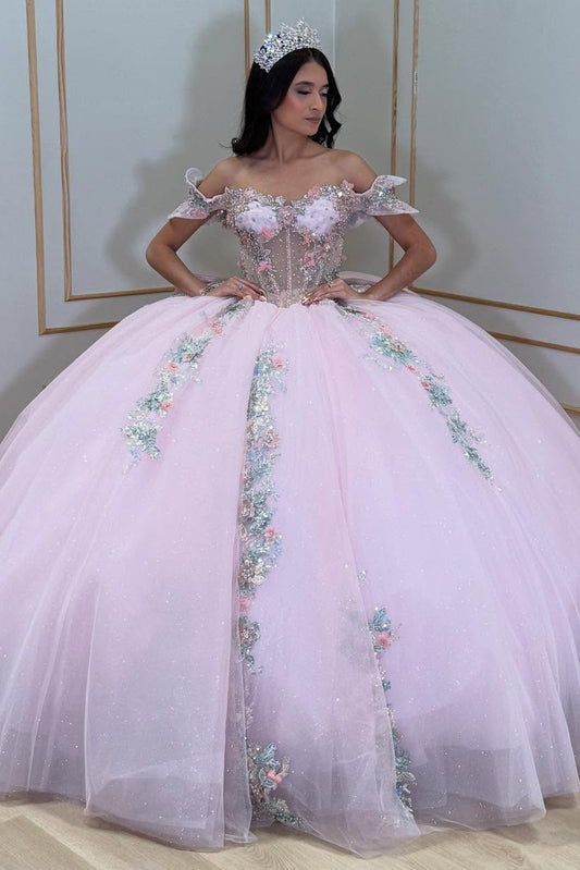 HE381-Off Shoulder Pink Quinceanera Dresses for Sweet 16 Tulle Appliques Beaded Princess Birthday Party Dresses