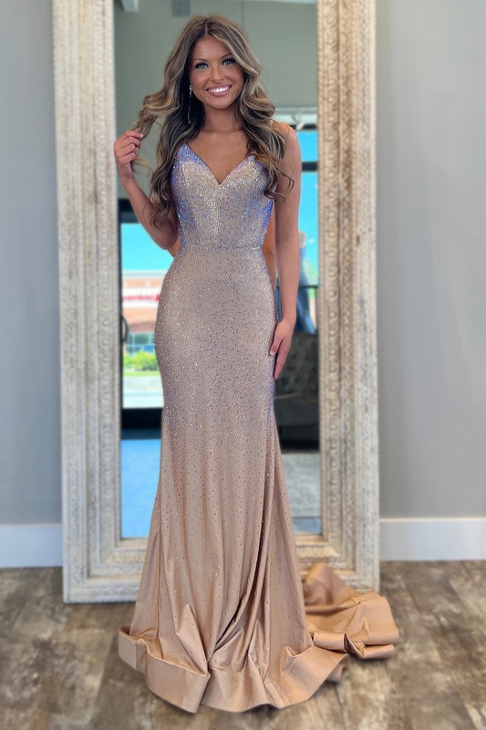 HE270-Mermaid Satin Beaded Evening Dresses Sexy V Neck Prom Dresses Long Plus Size Formal Party Dress for Women