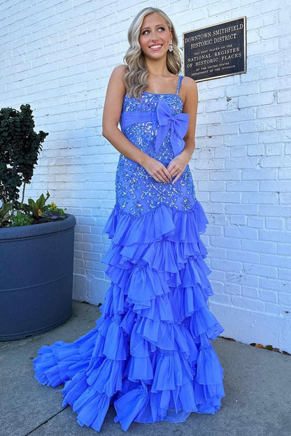HE183-Mermaid Chiffon Ruffles Lace Beaded Prom Dresses for Women Spaghetti Straps Evening Gowns Sleeveless Party Dresses Long