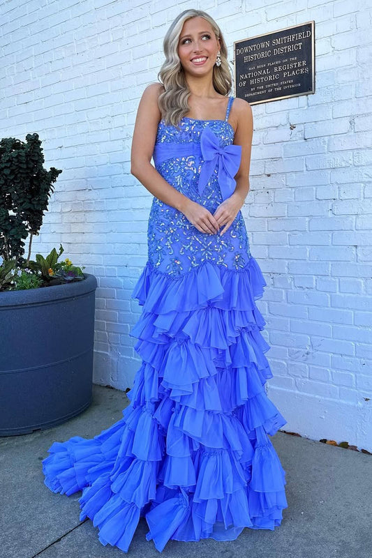 HE183-Mermaid Chiffon Ruffles Lace Beaded Prom Dresses for Women Spaghetti Straps Evening Gowns Sleeveless Party Dresses Long