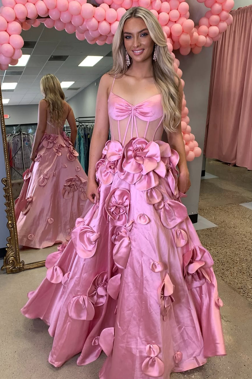 HE369-Sweetheart A Line Prom Dresses Long for Women Satin Corset Party Gowns 3D Flowers Evening Maxi Dresses