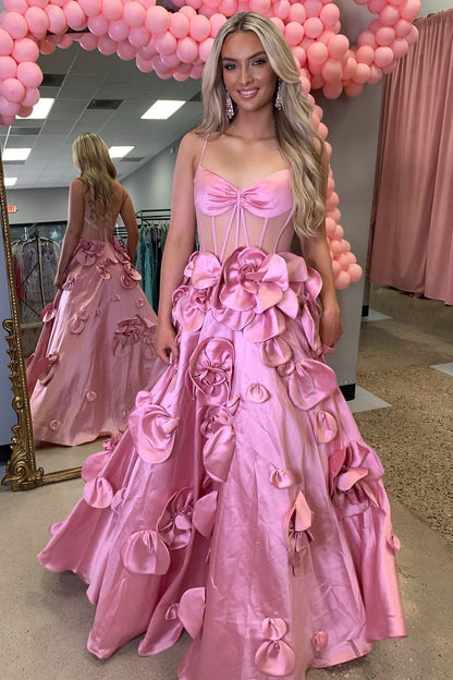 HE369-Sweetheart A Line Prom Dresses Long for Women Satin Corset Party Gowns 3D Flowers Evening Maxi Dresses