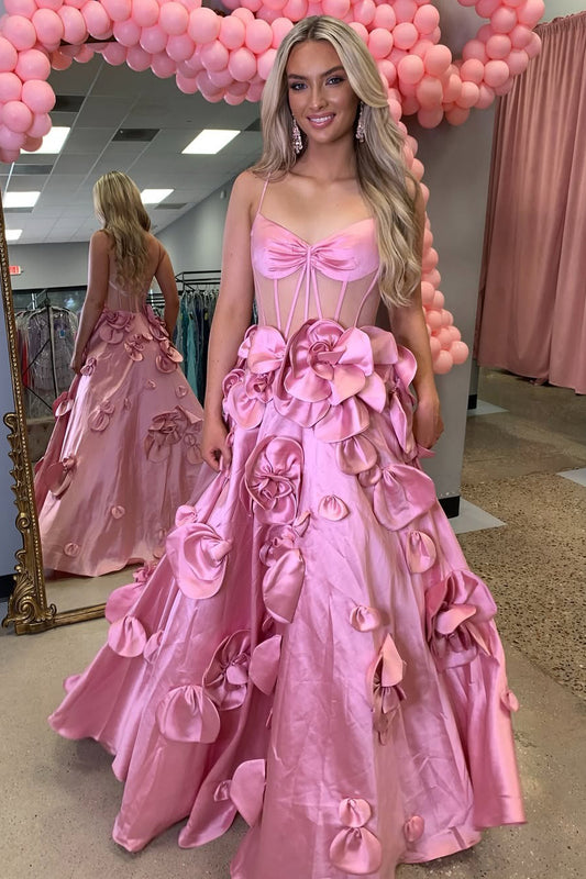 HE369-Sweetheart A Line Prom Dresses Long for Women Satin Corset Party Gowns 3D Flowers Evening Maxi Dresses