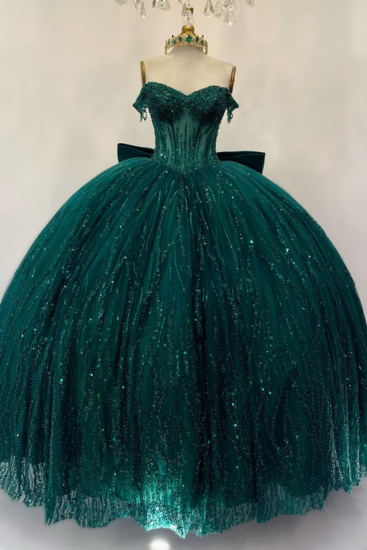 HE310-Glittery Tulle Sequin Quinceanera Dresses Ball Gown Off Shoulder Green Princess Sweet 16 Birthday Prom Party Dresses