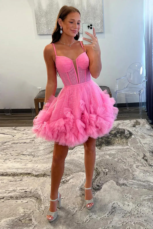 Knee Length Tulle Ruffle Homecoming Dresses Sweetheart A Line Party Gowns HE467
