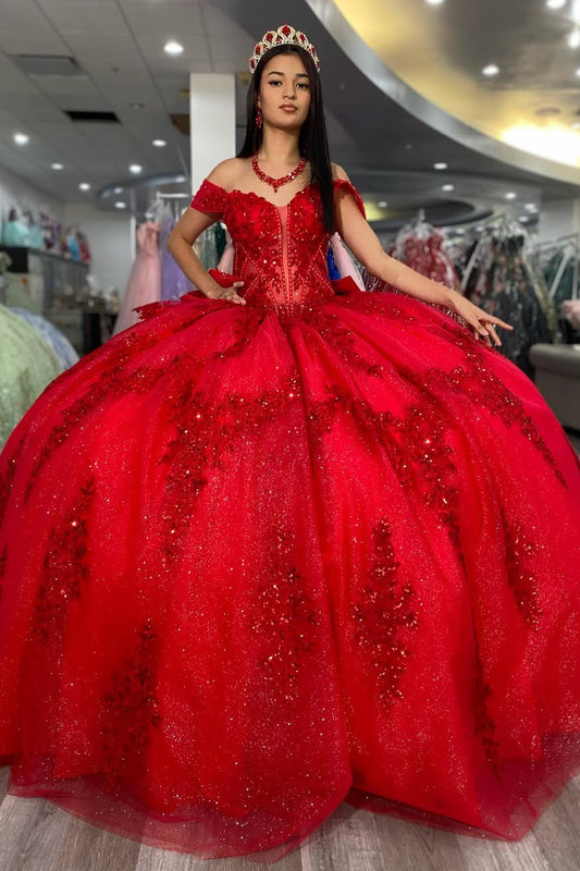 Princess Red Quinceanera Dresses Ball Gown Lace Appliques Sweet 16 Party Gowns HE526