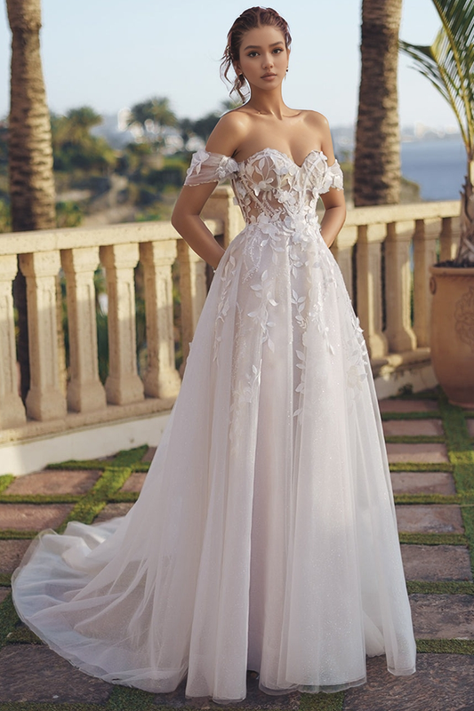 Off Shoulder Tulle 3D Flowers A Line Beach Wedding Dresses for Bride HE877