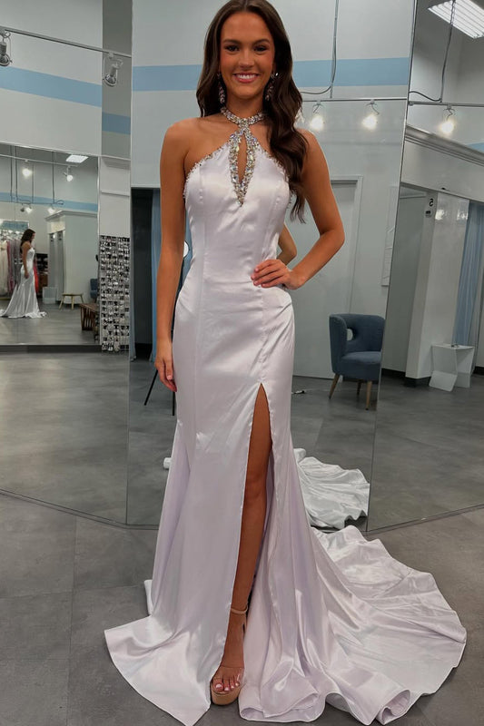 HE354-Mermaid Halter Neck Satin Evening Dresses Long Sequin Beaded Prom Gowns Side Slit Formal Party Dresses