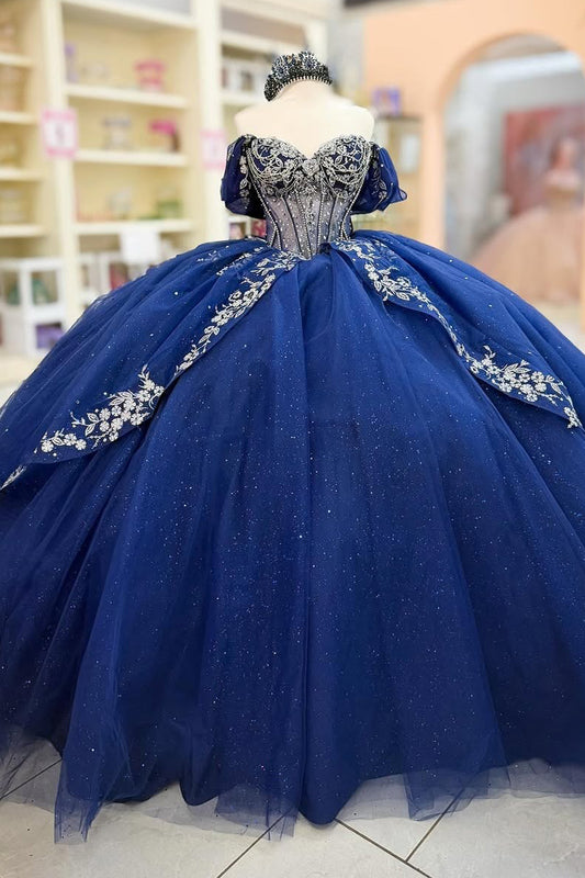 Vestidos de quinceañera con hombros descubiertos y apliques de encaje de tul para fiesta de dulces 16 HE503