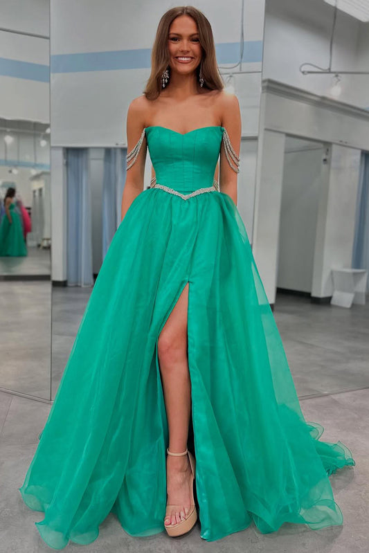 HE349-A Line Tulle Prom Dresses Long with Slit Off Shoulder Sequin Beaded Evening Gowns Plus Size Maxi Dress for Women