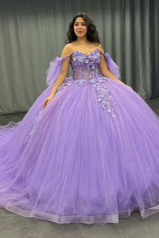 Lilac Quinceanera Dresses Tulle Lace Appliqued Birthday Prom Gowns for Sweet 16 HE163