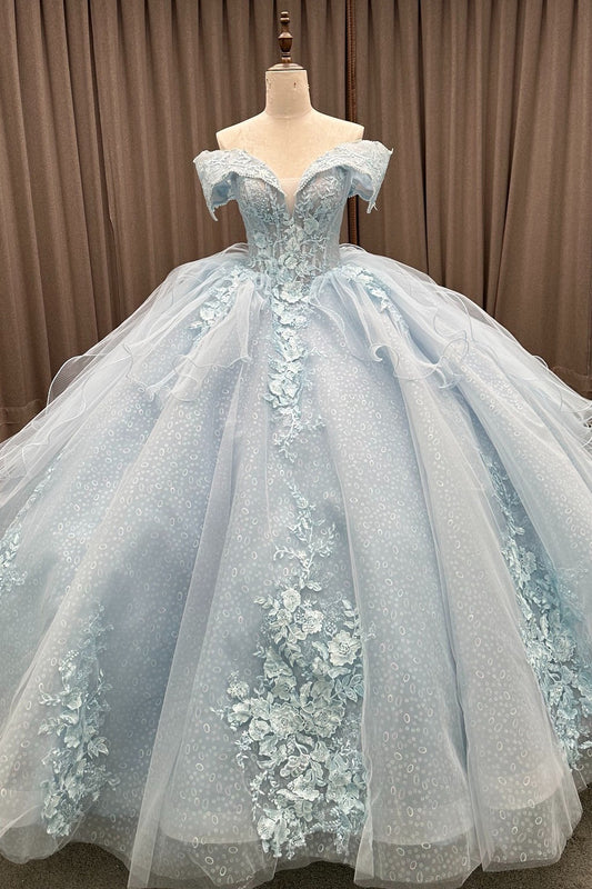 HE285-Off Shoulder Ball Gown Sweet 16 Quinceanera Dresses Princess Tulle Lace Ruffles Birthday Prom Party Dresses