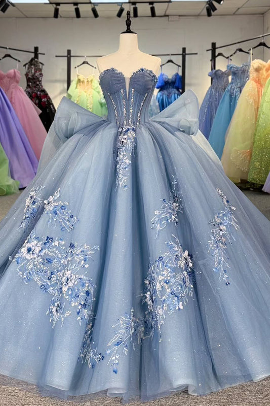 HE277-Blue Sweetheart Tulle Lace Appliques Quinceanera Dresses Princess Ball Gown Sweet 16 Party Dresses with Bow