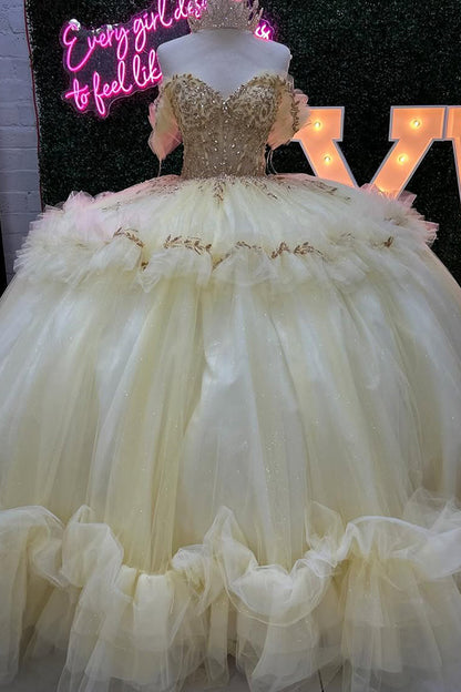 HE224-Vestido de quinceañera con hombros descubiertos, tul, cuentas, princesa, para fiesta de cumpleaños de 16 años