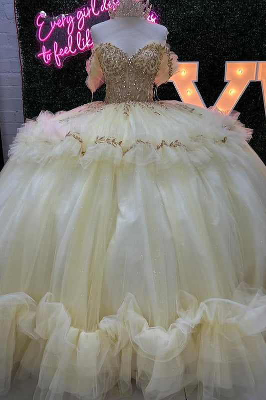 HE224-Vestido de quinceañera con hombros descubiertos, tul, cuentas, princesa, para fiesta de cumpleaños de 16 años