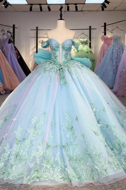 HE307-Off Shoulder Ball Gown Quinceanera Dresses Mint Princess Tulle Lace Appliques Sweet 16 Prom Gowns