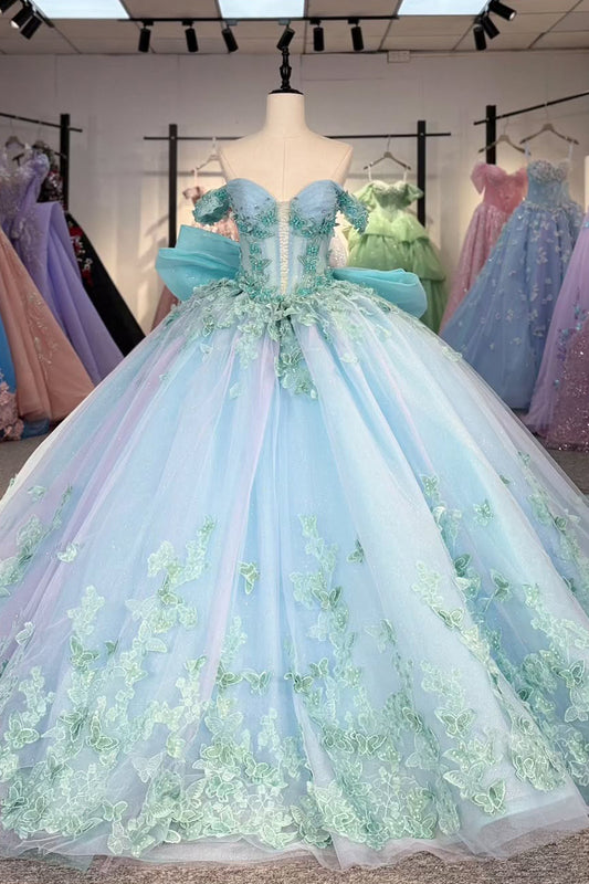HE307-Off Shoulder Ball Gown Quinceanera Dresses Mint Princess Tulle Lace Appliques Sweet 16 Prom Gowns
