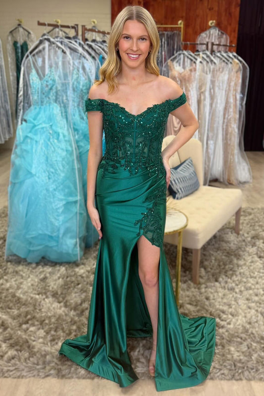 HE139-Satin Lace Beaded Long Prom Dresses with Slit Mermaid Off Shoulder Formal Gowns Corset Evening Party Dress for Women
