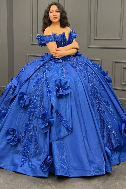 HE164-Vestido de quinceañera de princesa con encaje satinado y cuentas, vestido de baile con flores 3D y hombros descubiertos, vestido de fiesta de cumpleaños real para dulces 16