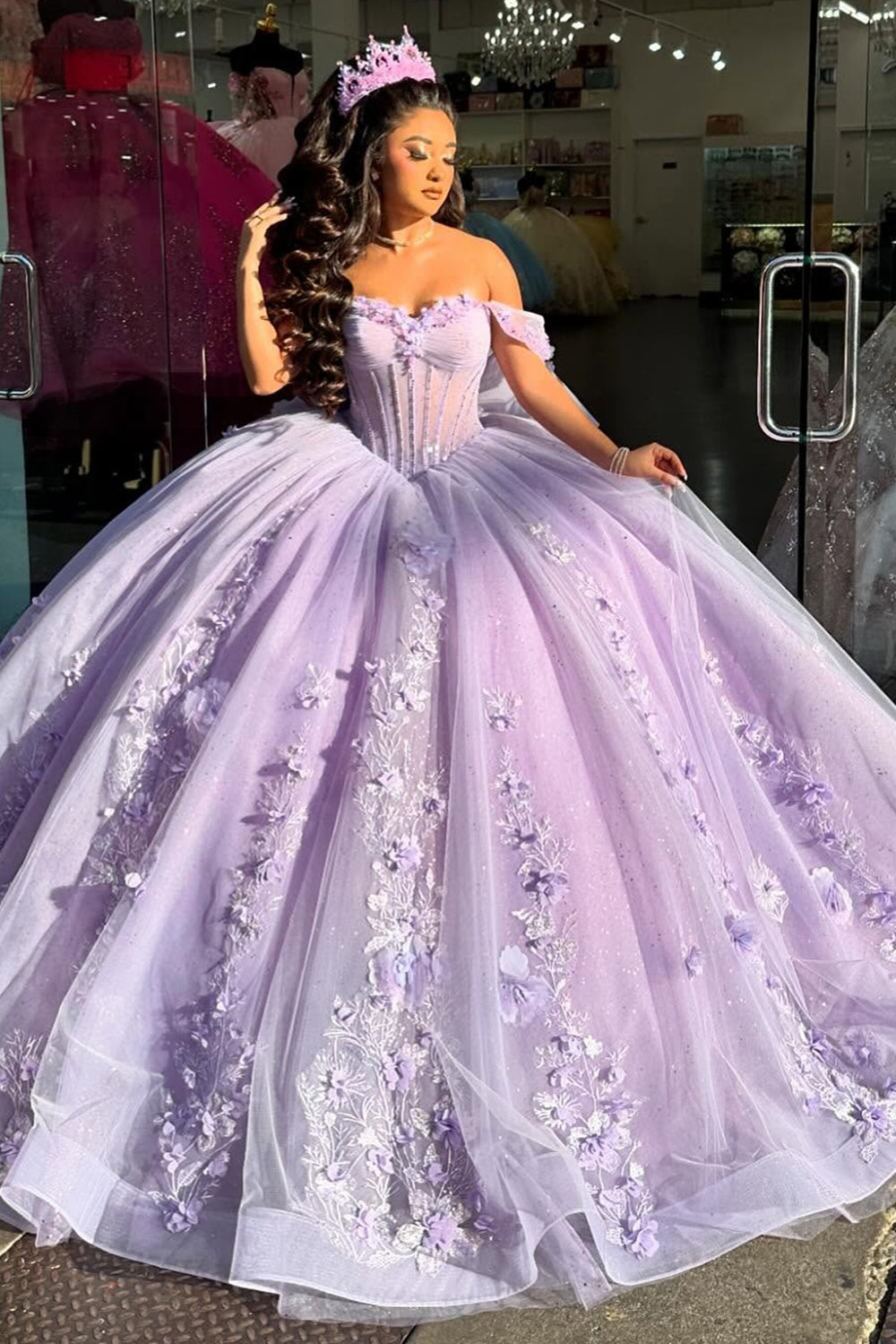 Off Shoulder Lilac Tulle 3D Flower Appliqued Quinceanera Dresses for S –  Hebebridal