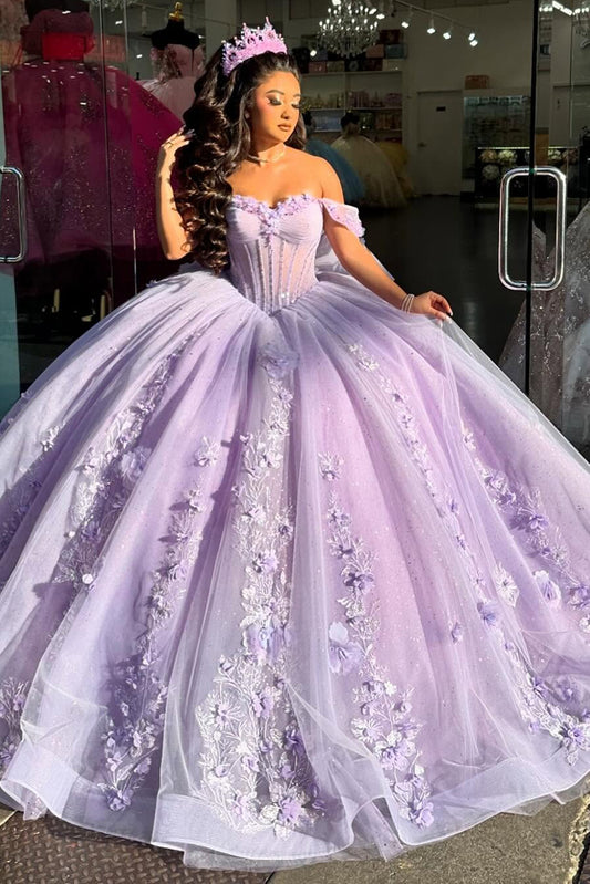Off Shoulder Lilac Tulle 3D Flower Appliqued Quinceanera Dresses for Sweet 16 HE676
