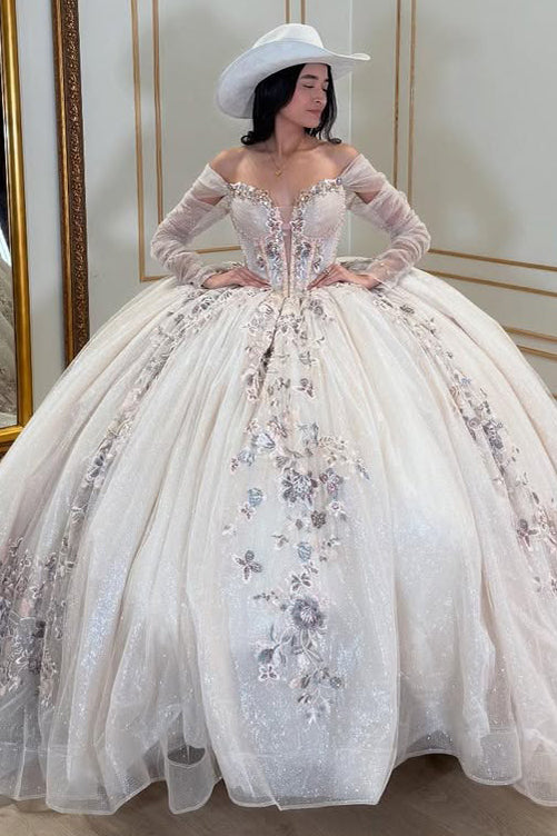 Vestido de quinceañera princesa de manga larga con apliques de tul para fiesta de dulces 16, HE437