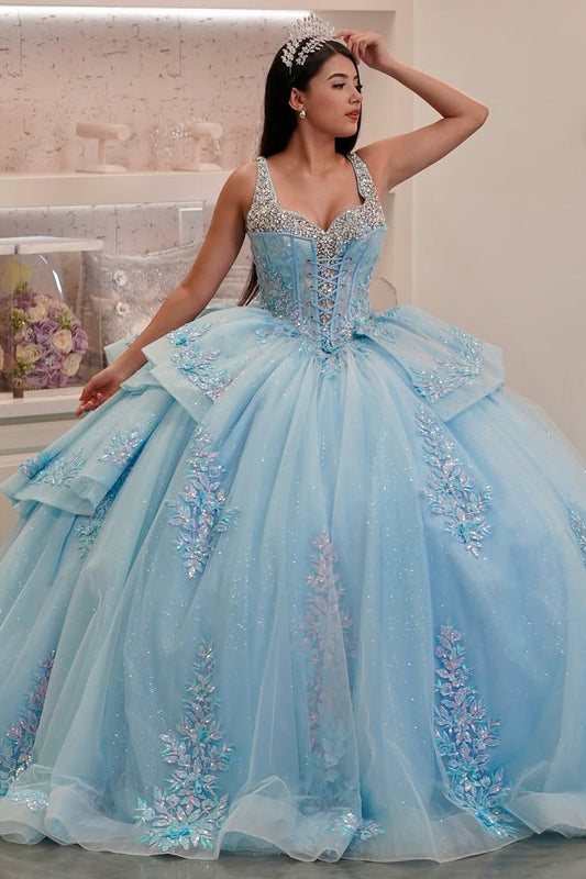 HE319-Sky Blue Glittery Tulle Quinceanera Dresses for Sweet 16 Princess V Neck Party Dress Ball Gown Birthday Prom Dresses