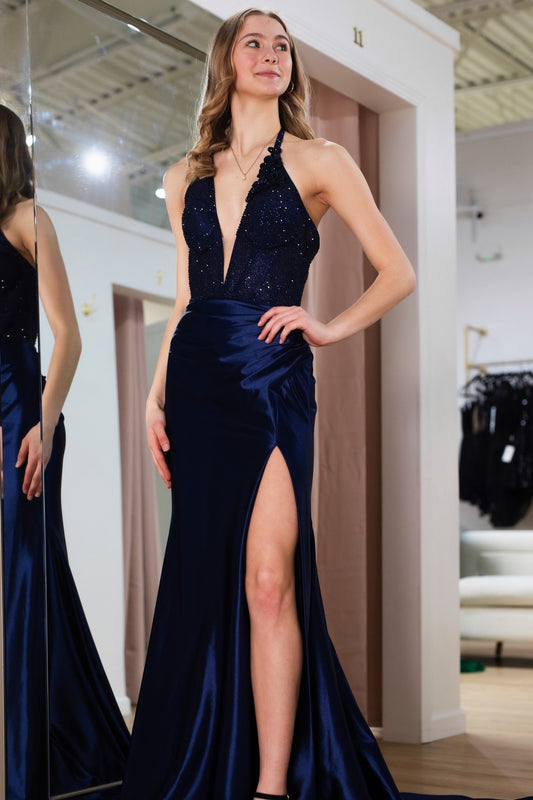 HE272-Sexy Deep V Neck Evening Dresses Long Mermaid Satin Lace Beaded Prom Gowns Side Slit Formal Party Dress for Women