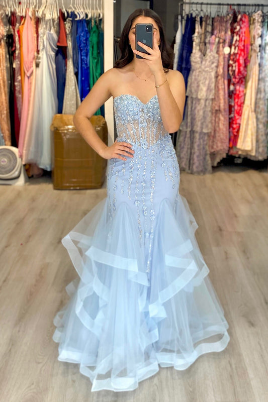 HE259-Mermaid Tulle Lace Beaded Prom Dresses Sweetheart Corset Evening Gowns Strapless Formal Party Dress for Women