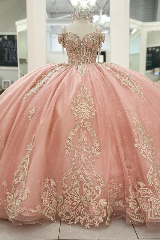 HE214 - Vestidos de quinceañera de tul con encaje y hombros descubiertos con lazo grande, estilo princesa, para fiesta de cumpleaños, sin mangas, para dulces 16
