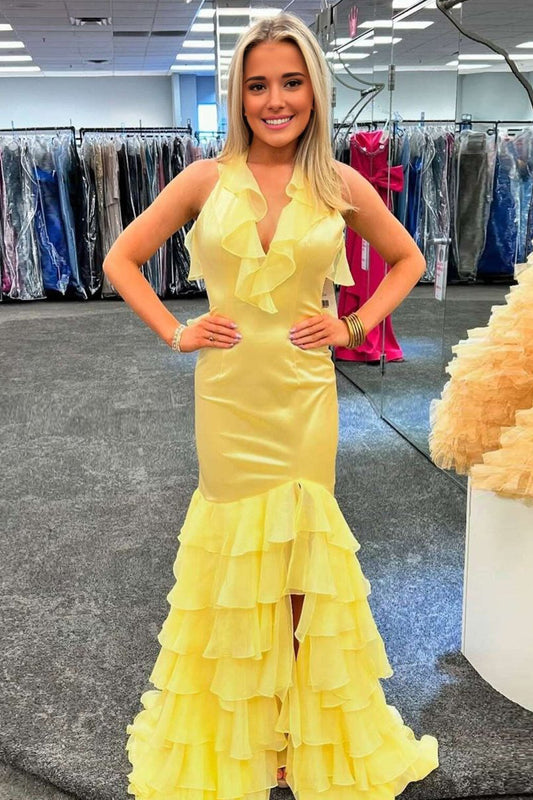 HE111-Sheath Yellow Prom Dresses Long Satin Ruffles V Neck Evening Gowns with Slit Sexy Backless Party Dresses for Women