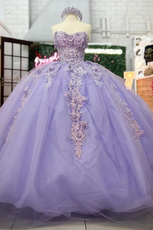 Lilac Sweetheart Princess Quinceanera Dresses Tulle Lace Beaded Sweet 16 Party Dress HE220