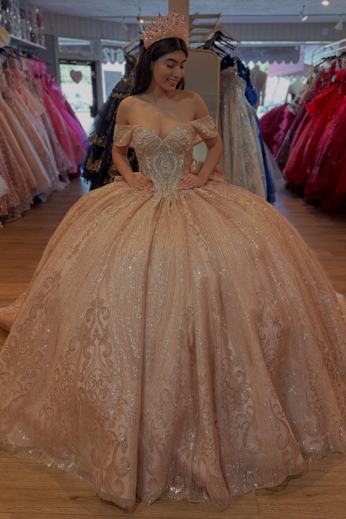 HE371-Off Shoulder Princess Sweet 16 Quinceanera Dresses Glittery Tulle Appliques Prom Party Gowns