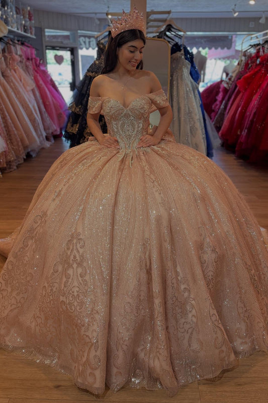 HE371-Off Shoulder Princess Sweet 16 Quinceanera Dresses Glittery Tulle Appliques Prom Party Gowns