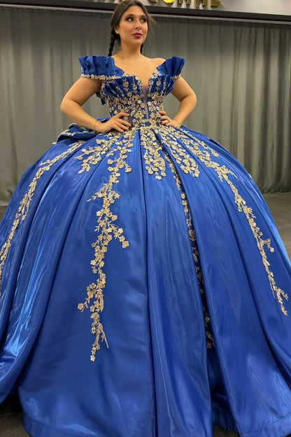 HE175-Hermoso vestido de princesa para quinceañera, con hombros descubiertos, satén, encaje, cuentas, vestido de fiesta de dulces 16 con lazo