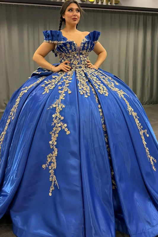 HE175-Hermoso vestido de princesa para quinceañera, con hombros descubiertos, satén, encaje, cuentas, vestido de fiesta de dulces 16 con lazo