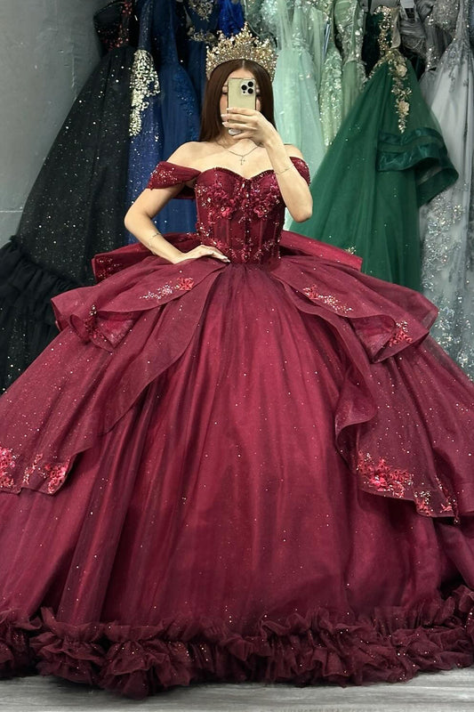 Burgundy Ball Gown Quinceanera Dresses Sweet 16 Tulle Ruffles Party Gowns HE511