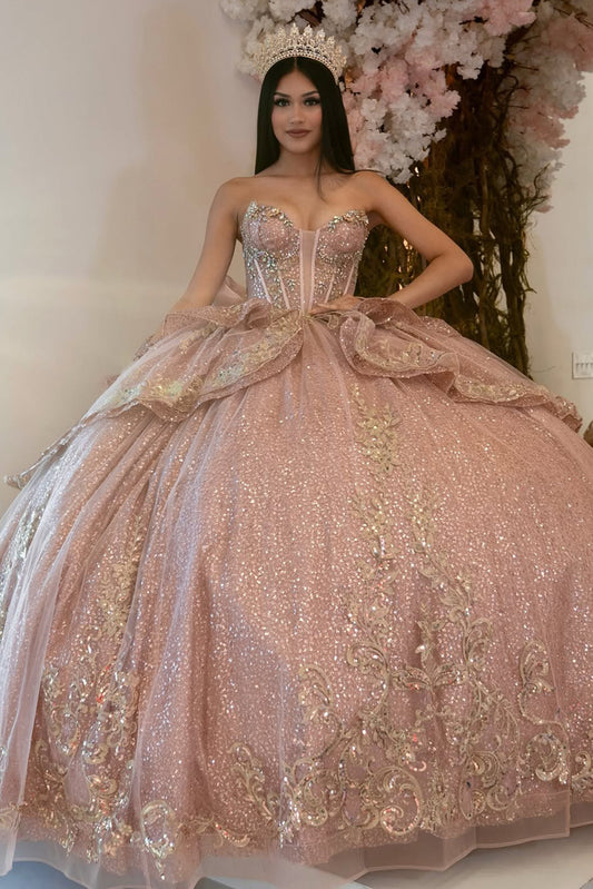 Glittery Tulle Lace Beaded Sweetheart Corset Quinceanera Dresses with Ruffles HE656