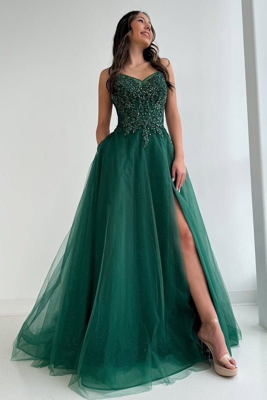 HE194-Emerald Green Prom Dresses Long with Slit A Line Tulle Lace Beaded Evening Dresses Spaghetti Straps Party Gowns