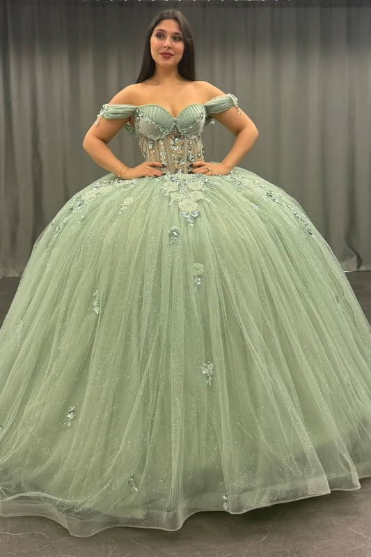 HE154 - Hermosos vestidos de quinceañera con tul, encaje y cuentas, para dulces 16, hombros descubiertos, vestidos de princesa para fiesta de cumpleaños.
