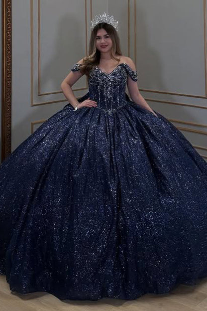HE161-Vestido de quinceañera con hombros descubiertos, lentejuelas y cuentas, tul brillante, estilo princesa, para fiesta de 16 años, vestido de gala, vestido de fiesta de cumpleaños y graduación