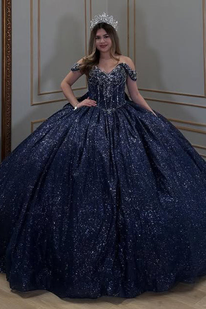 HE161-Vestido de quinceañera con hombros descubiertos, lentejuelas y cuentas, tul brillante, estilo princesa, para fiesta de 16 años, vestido de gala, vestido de fiesta de cumpleaños y graduación