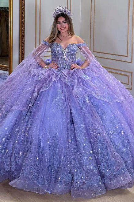 HE334-Lilac Ball Gown Sweet 16 Party Dresses Off Shoulder Quinceanera Dresses Princess Tulle Lace Beaded Birthday Party Dresses